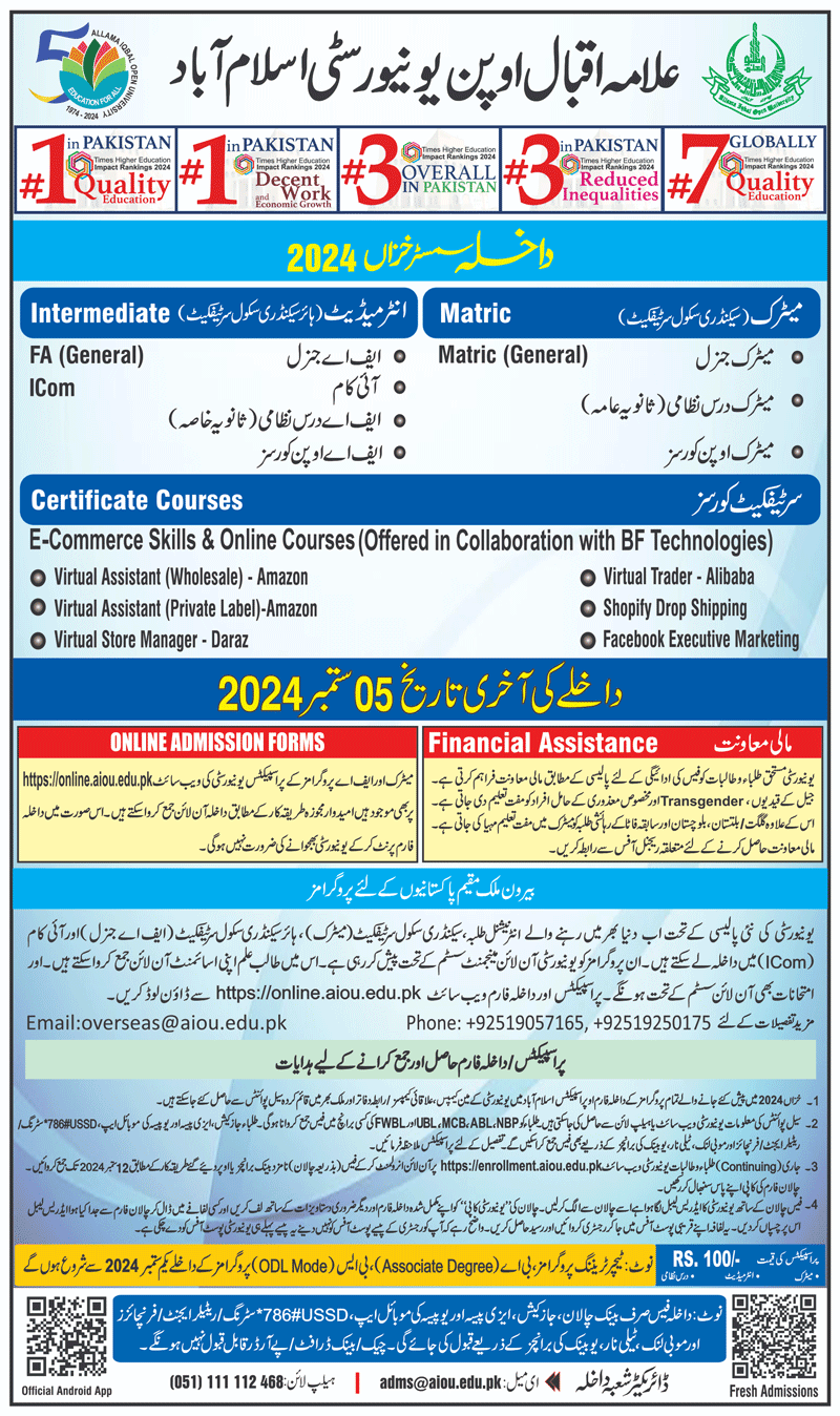 AIOU Matric & F.A Programmes for Semester Autumn Admission 2024 Advertisement