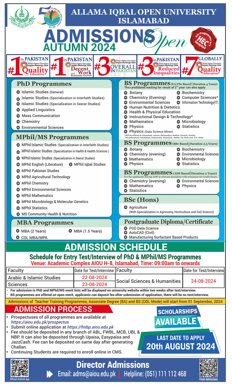 AIOU PhD/MPhil/MS/BS/BSc/MBA & Certificate for Semester Autumn Admission 2024 Advertisement