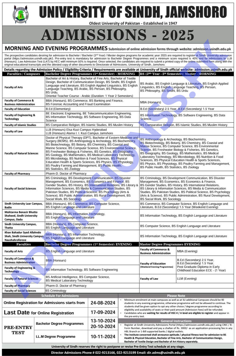 University Of Sindh Admission 2024 Advertisement 