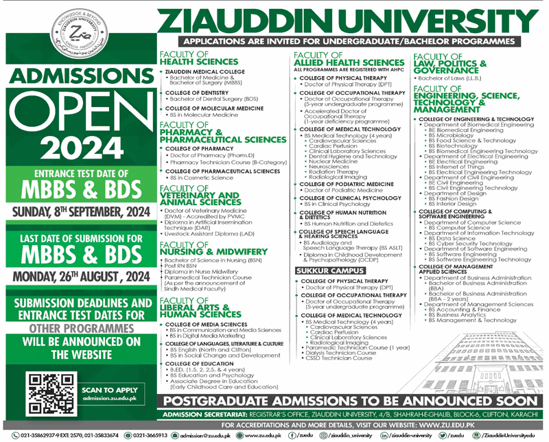 Ziauddin University Karachi Admissions 2024 Advertisement