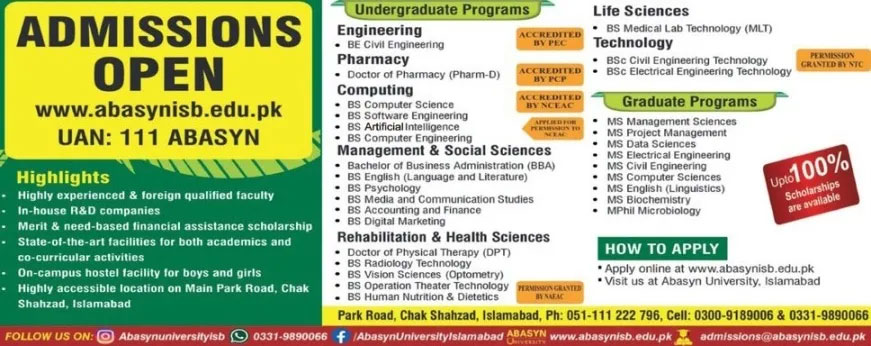 Abasyn University Islamabad Admissions 2024 Advertisement