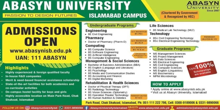 Abasyn University Islamabad Admissions 2024 Advertisement