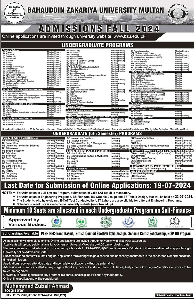 BZU Admission 2024 Advertisement 