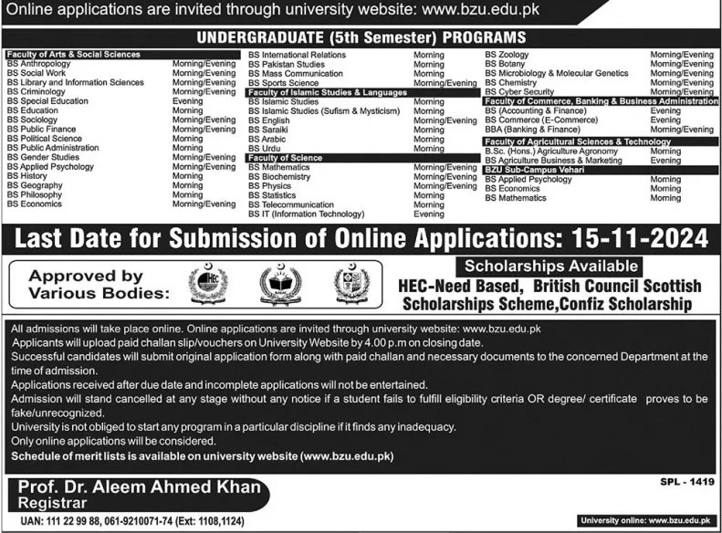 BZU Admission 2024 Advertisement