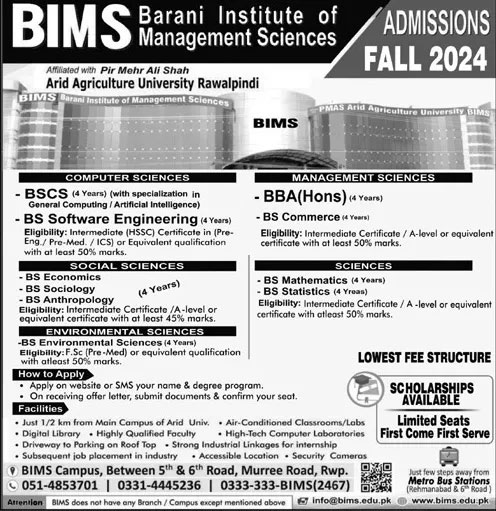 Barani Institute Of Management Sciences Admission 2024 Advertisement 