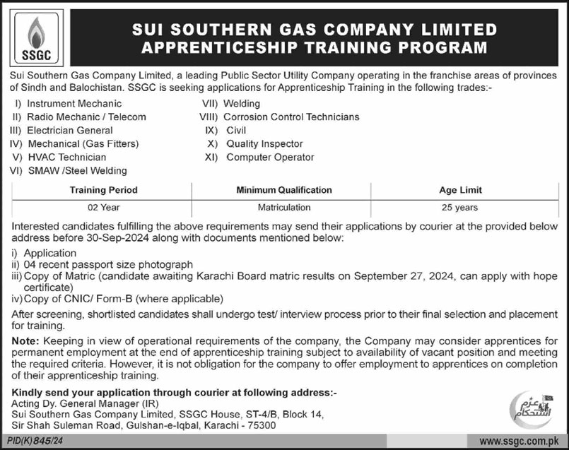 SSGC Trainee Program 2024 Advertisement 