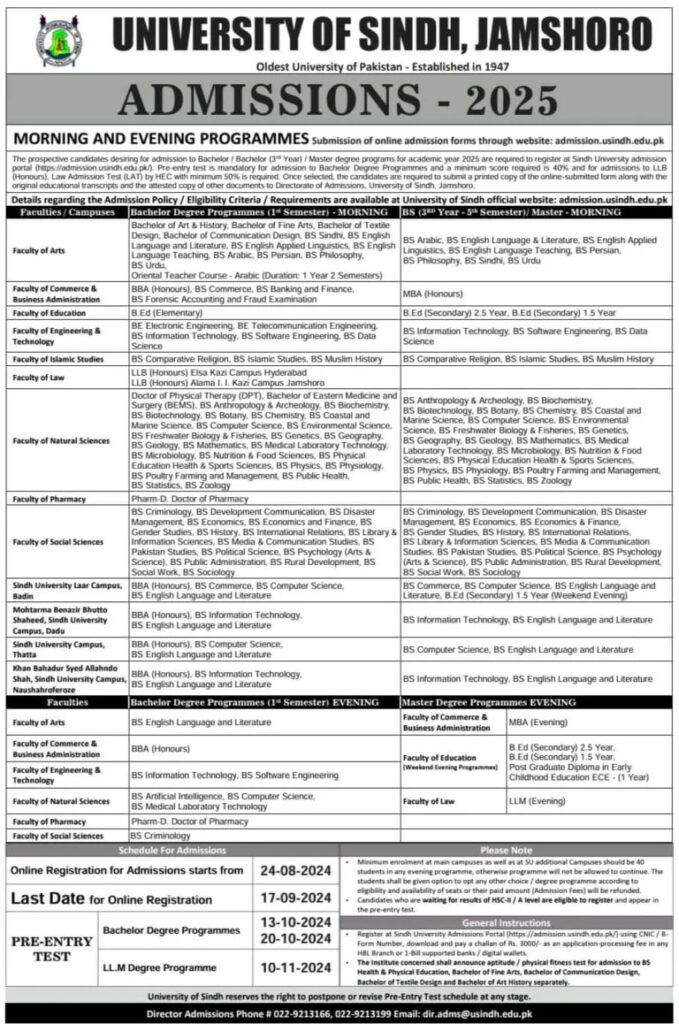 University of Sindh UOS Admission 2025 Last Date