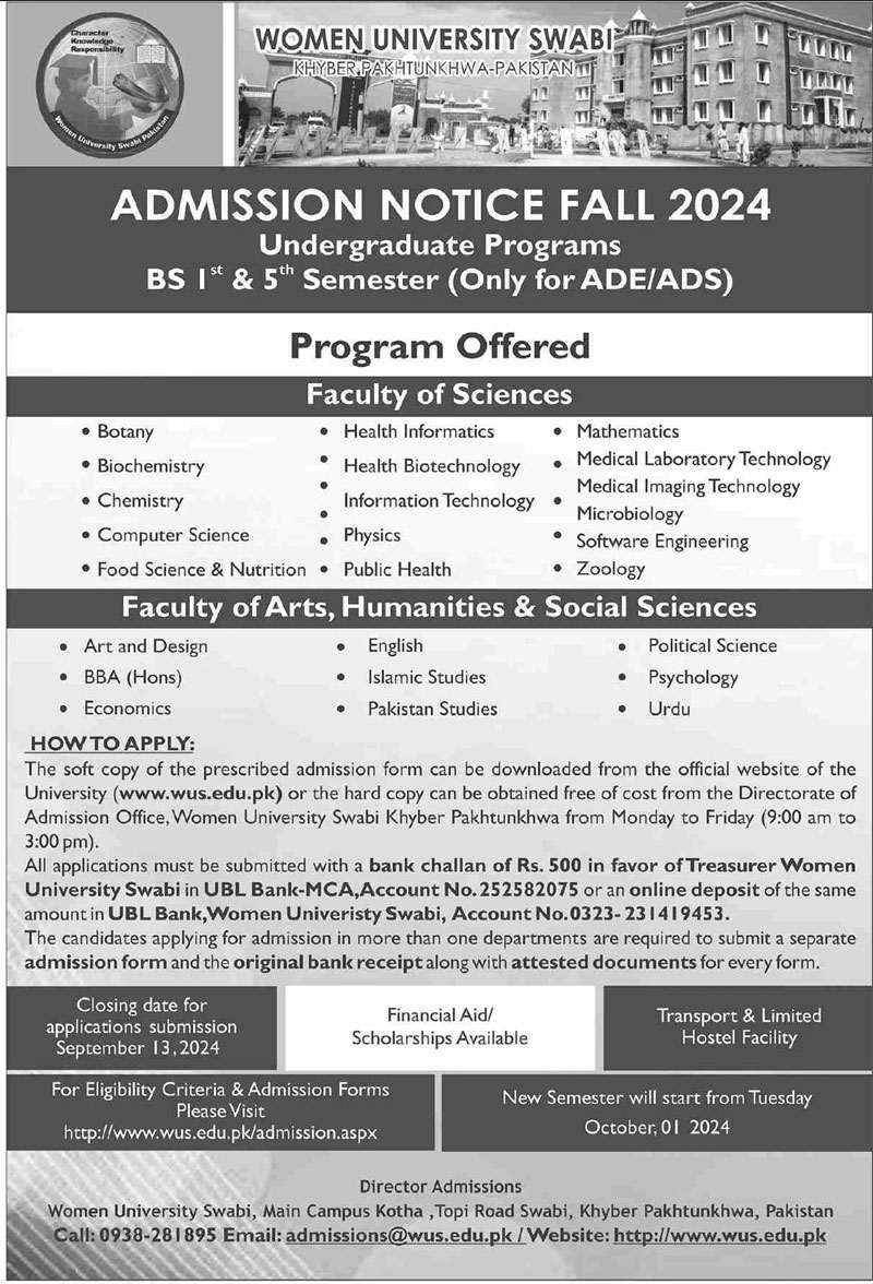 University of Swabi Admission 2024 Advertisement 