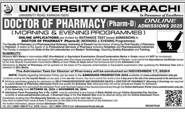 University of Karachi UOK Admission 2025 Advertisement