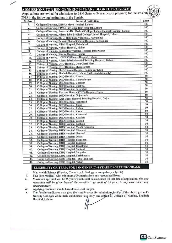 Punjab Nursing Admission 2025 Advertisement