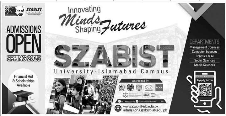 SZABIST Admission 2025 Advertisement 