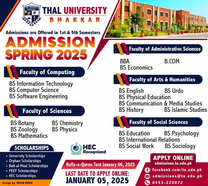 Thal University Admission 2025 Advertisement