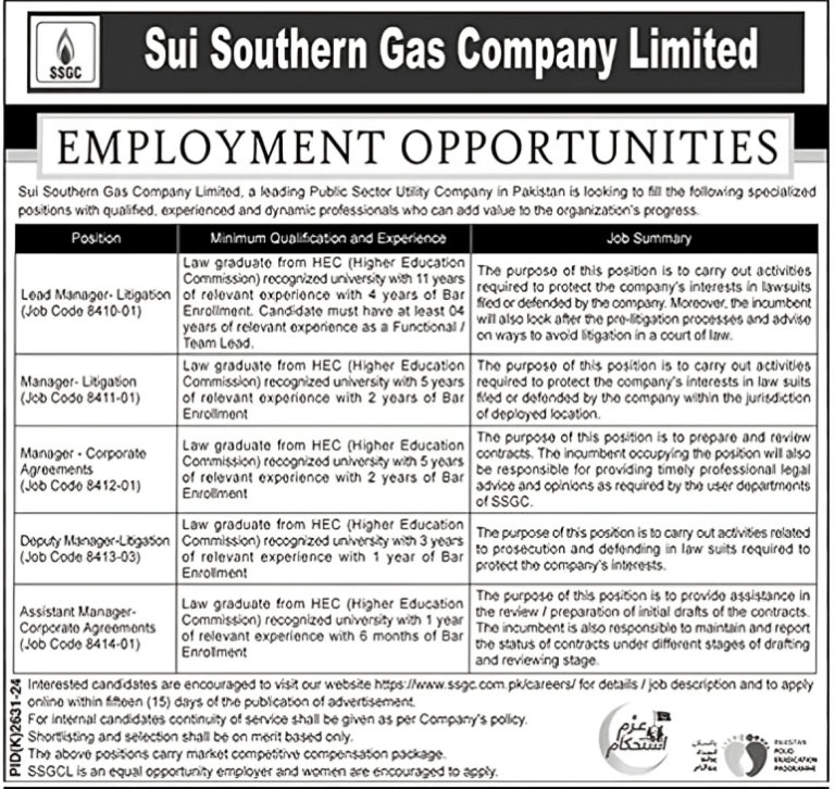 SSGC Jobs 2025 Advertisement