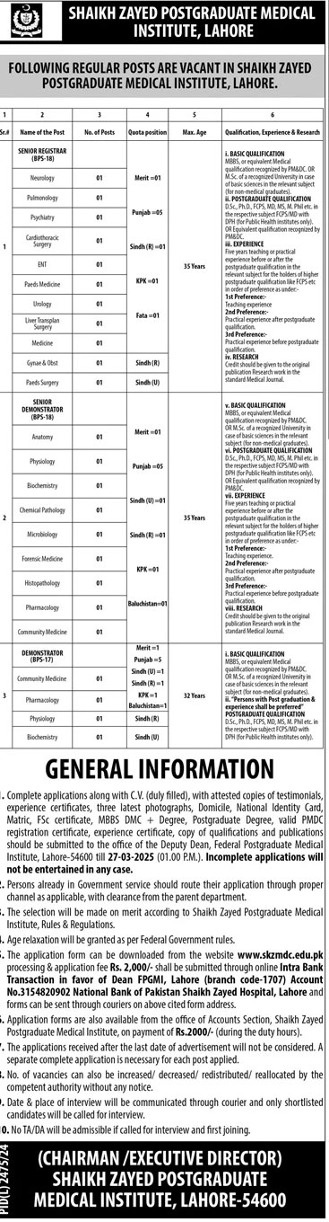 Sheikh Zayed Hospital Lahore Jobs  2025 Advertisement